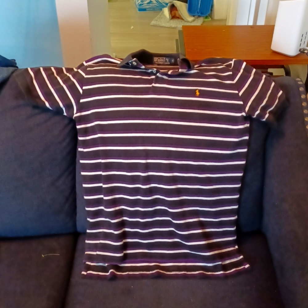 Ralph Lauren (M) 'Performance'   Mens Purple/White/Black Striped Polo Shirt
